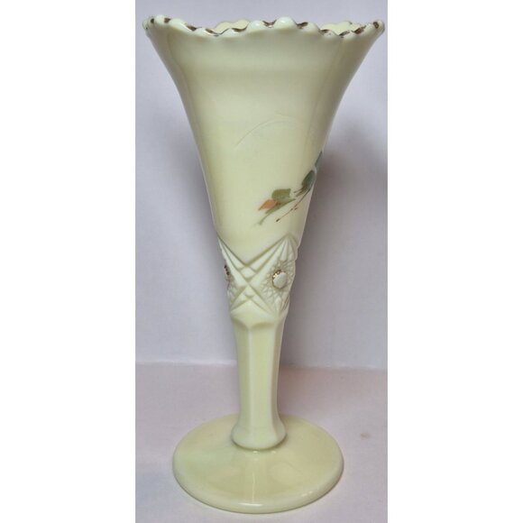 Jefferson Diamond W/ Peg Rose Decorated Custard Glass Vase Glows Art Deco - Picture 5 of 16